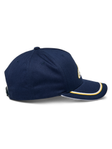 Alpinestars Ascension Snapback Hat, side view, Navy blue with gold and white sutache trim on the curved bill, structured crown, casual motorsport headwear