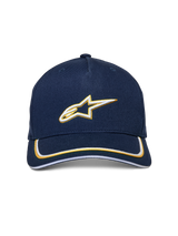 Alpinestars Ascension Snapback Hat, Navy and Gold, 3D embroidered white and gold Astars logo, curved bill with double sutache trim, casual motorsport-inspired headwear
