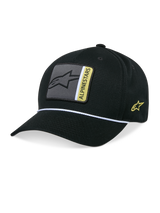 Alpinestars Specific Snapback Hat, Black, curved bill with white braided rope trim, grey and yellow front logo patch, side yellow logo embroidery, structured crown, casual motorsport-inspired headwear