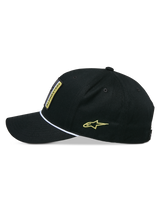 Alpinestars Specific Snapback Hat, Snapback Hat, Black, side profile view featuring curved bill with white braided rope trim, yellow Astars logo embroidery on the side, structured crown, casual headwear