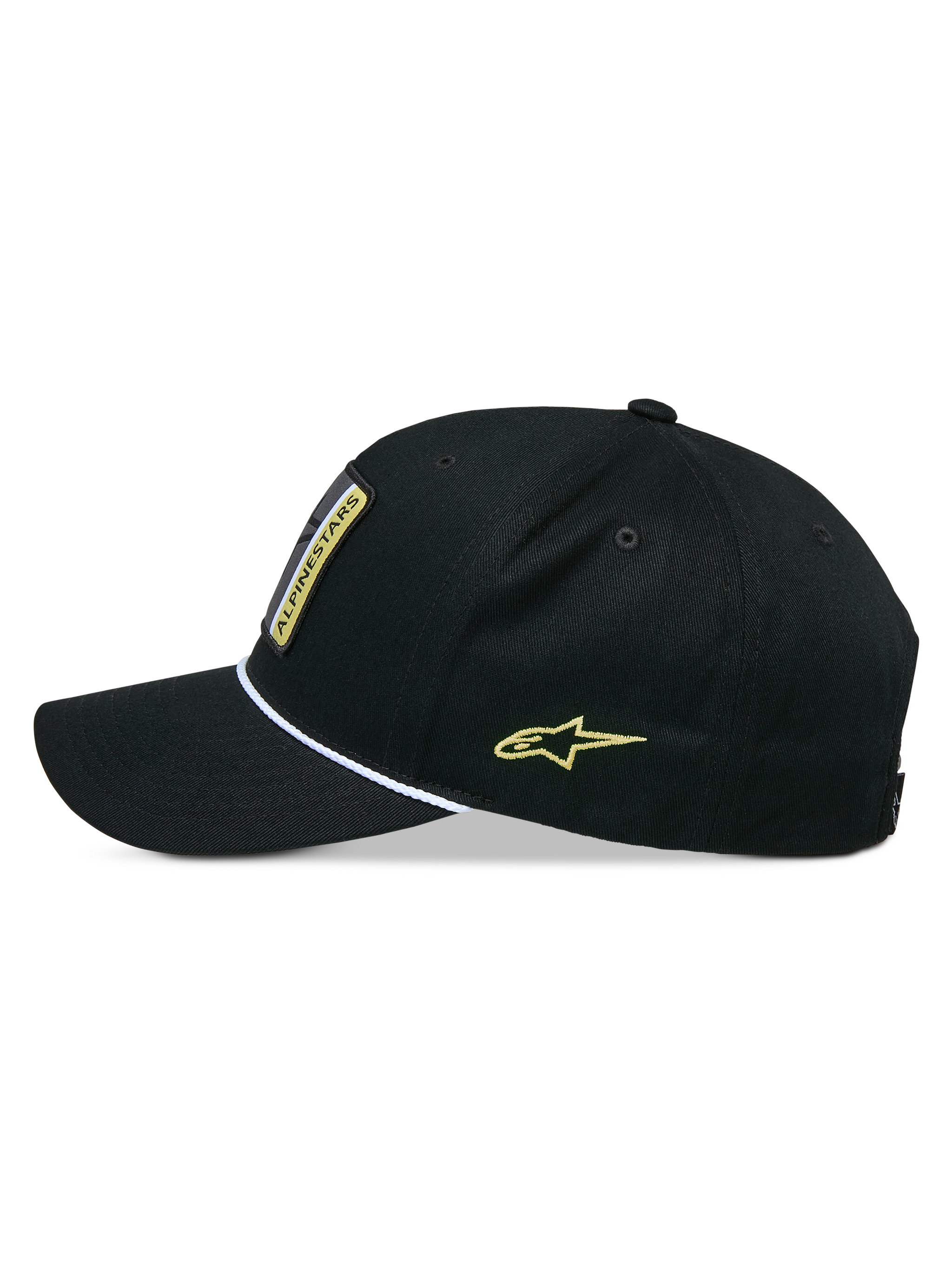 Alpinestars Specific Snapback Hat, Snapback Hat, Black, side profile view featuring curved bill with white braided rope trim, yellow Astars logo embroidery on the side, structured crown, casual headwear