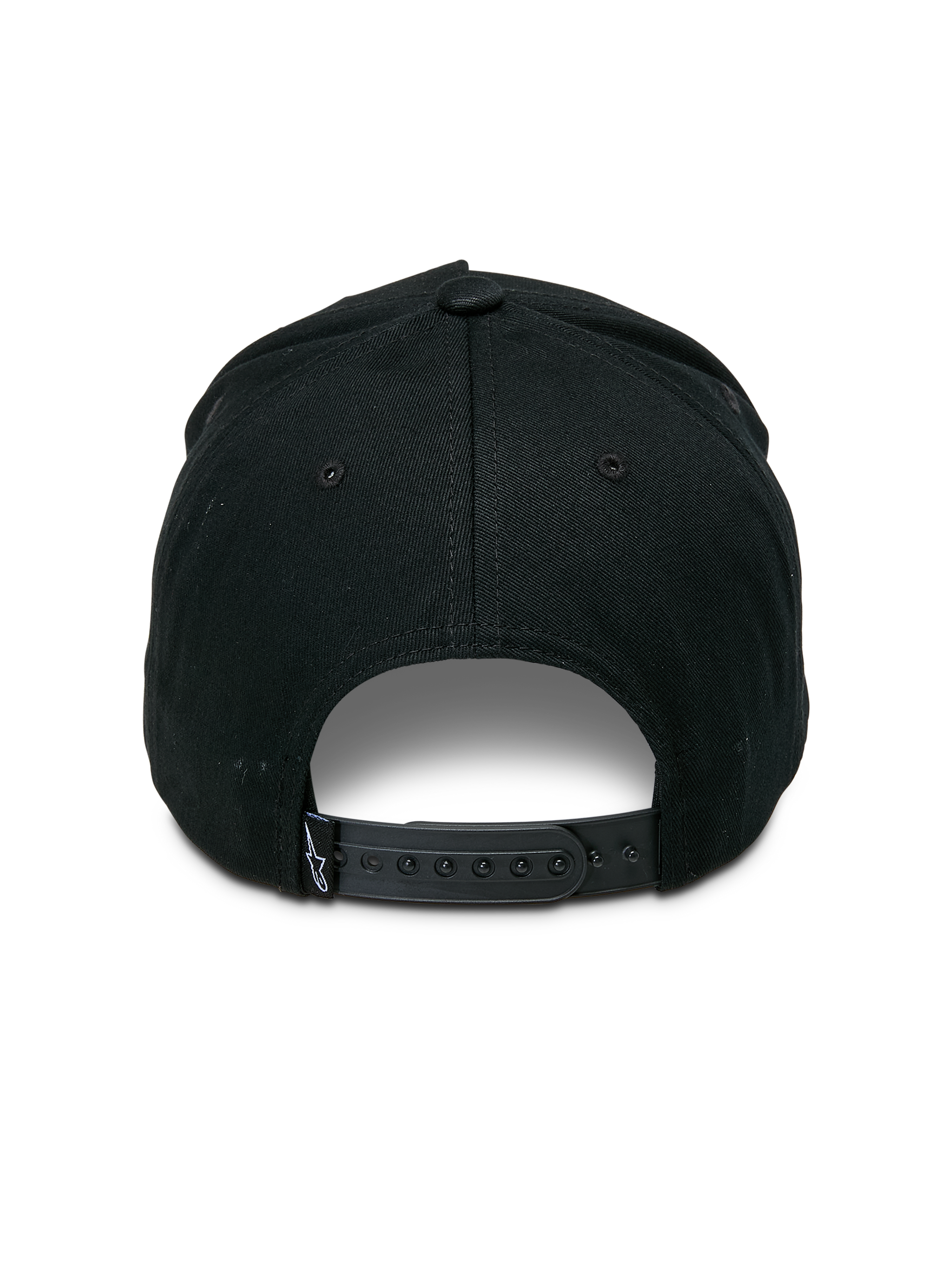 Alpinestars Specific Snapback Hat, Black, rear view featuring an adjustable plastic snap-back closure and a small white Astars logo on the back tag, structured crown, casual motorsport headwear