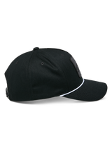 Alpinestars Specific Snapback Hat, Black, side profile view showing curved bill with white braided rope trim, structured crown, casual motorsport headwear
