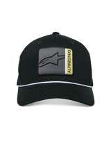 Alpinestars Specific Snapback Hat, Black, front multi-color Astars logo patch with grey and yellow details, white braided rope trim, curved bill, structured crown, casual streetwear