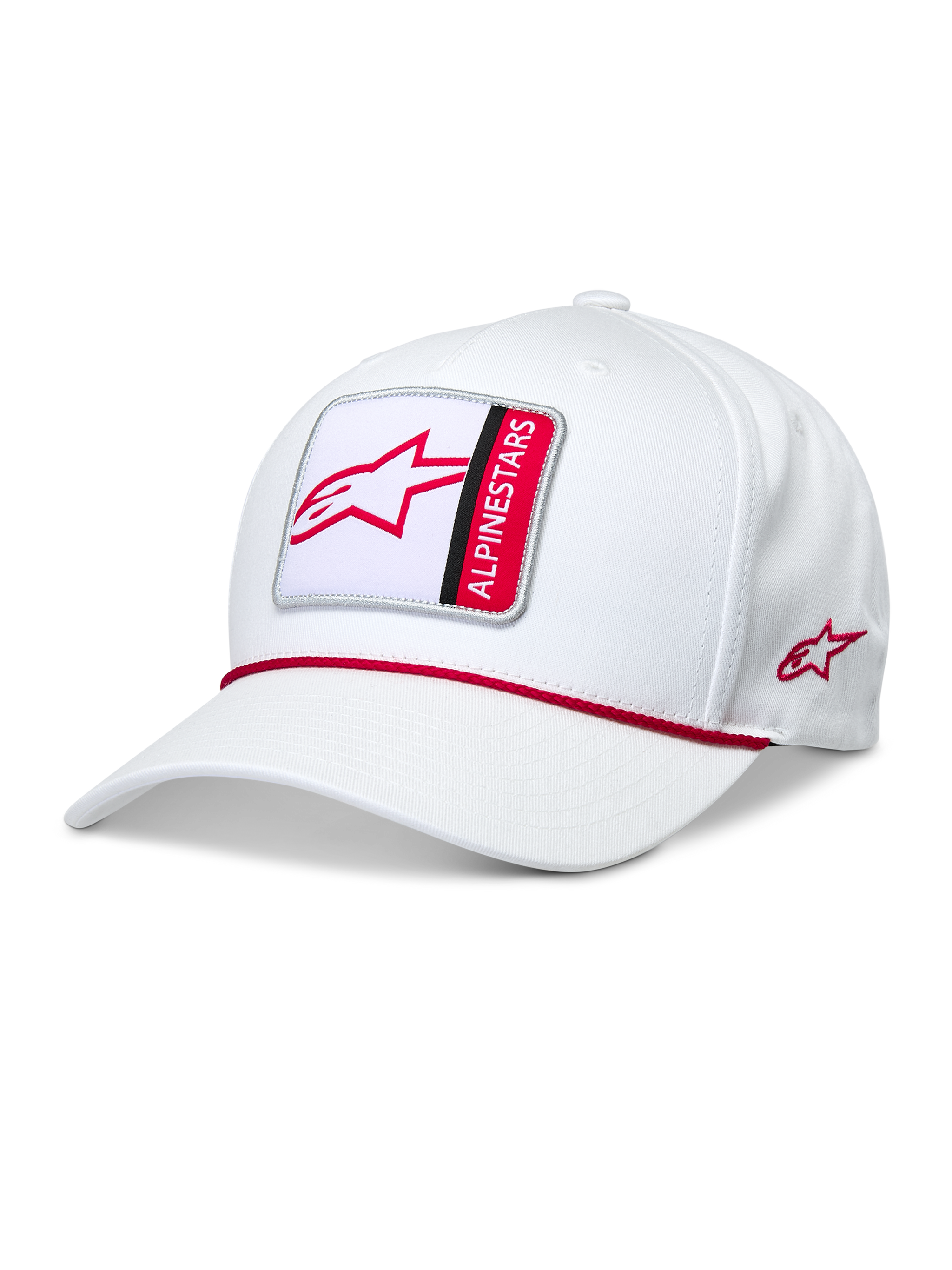 Alpinestars Specific Snapback Hat, White, curved bill with multicolor Astars logo patch, red braided rope trim, red side logo embroidery, casual sportswear