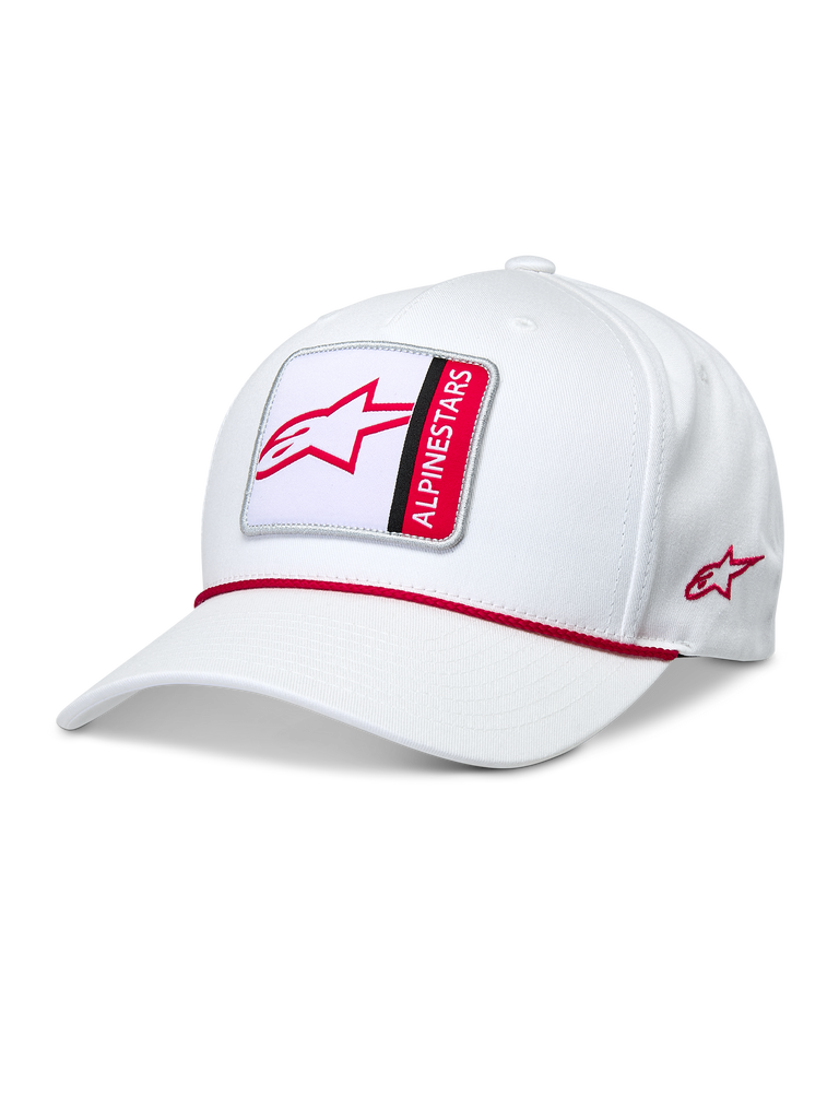 Alpinestars Specific Snapback Hat, White, curved bill with multicolor Astars logo patch, red braided rope trim, red side logo embroidery, casual sportswear