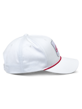 Alpinestars Specific Snapback Hat, White, side profile showing structured crown and curved bill, features red braided rope trim at the visor base, casual sportswear headwear