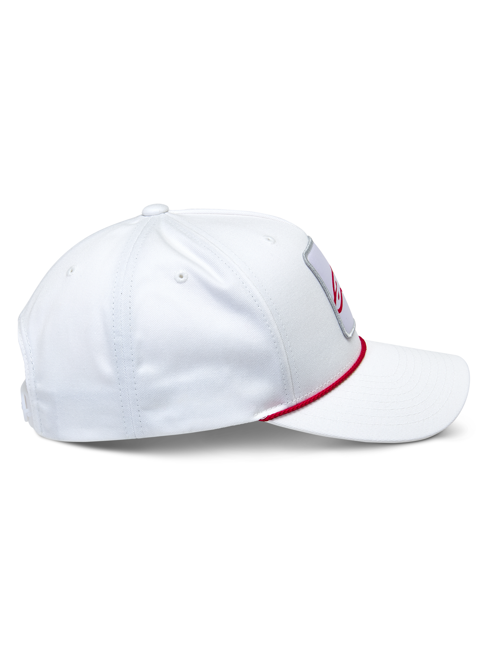 Alpinestars Specific Snapback Hat, White, side profile showing structured crown and curved bill, features red braided rope trim at the visor base, casual sportswear headwear