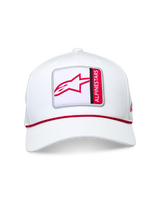 Alpinestars Specific Snapback Hat, White, front view featuring a square logo patch with a red Astars symbol and vertical text, red braided rope trim at the crown base, structured cotton twill design with a curved bill, casual motorsport-inspired headwear.