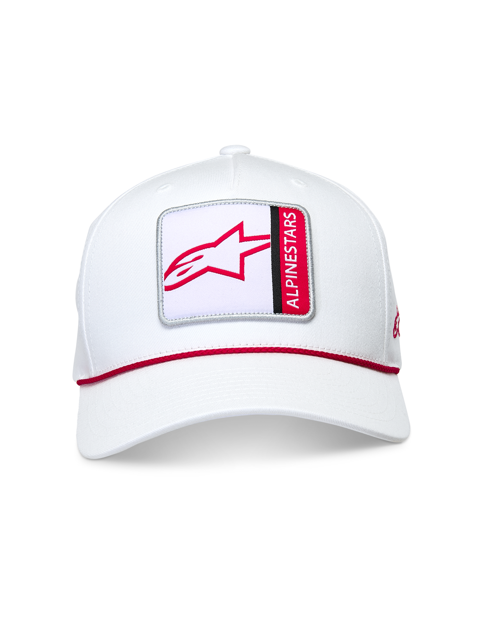 Alpinestars Specific Snapback Hat, White, front view featuring a square logo patch with a red Astars symbol and vertical text, red braided rope trim at the crown base, structured cotton twill design with a curved bill, casual motorsport-inspired headwear.