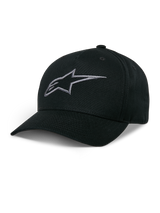 Alpinestars Ageless Snapback Hat, Black Baseball Cap with Charcoal Embroidered Star Logo, Curved Bill, Structured Crown, Casual Motorsport Headwear