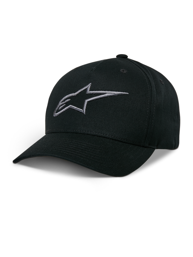 Alpinestars Ageless Snapback Hat, Black Baseball Cap with Charcoal Embroidered Star Logo, Curved Bill, Structured Crown, Casual Motorsport Headwear