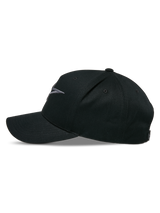 Alpinestars Ageless Snapback Hat, side profile, Black Charcoal, curved bill with structured crown, 3D embroidered logo on front, cotton twill main fabric, casual motorsport headwear