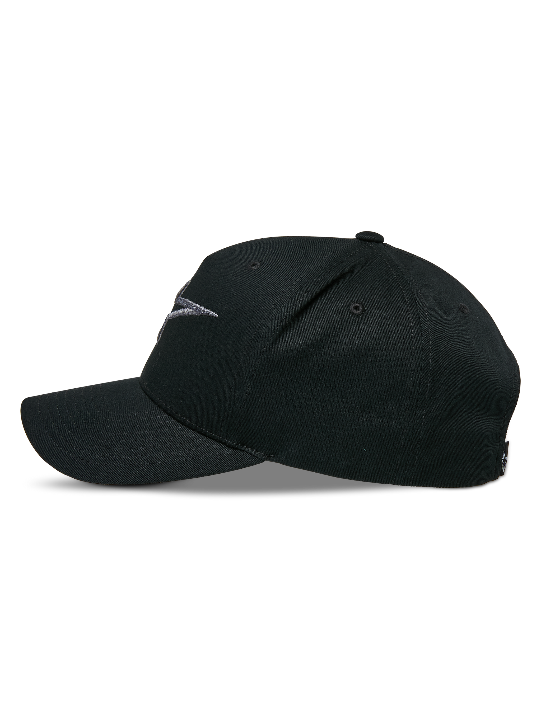 Alpinestars Ageless Snapback Hat, side profile, Black Charcoal, curved bill with structured crown, 3D embroidered logo on front, cotton twill main fabric, casual motorsport headwear