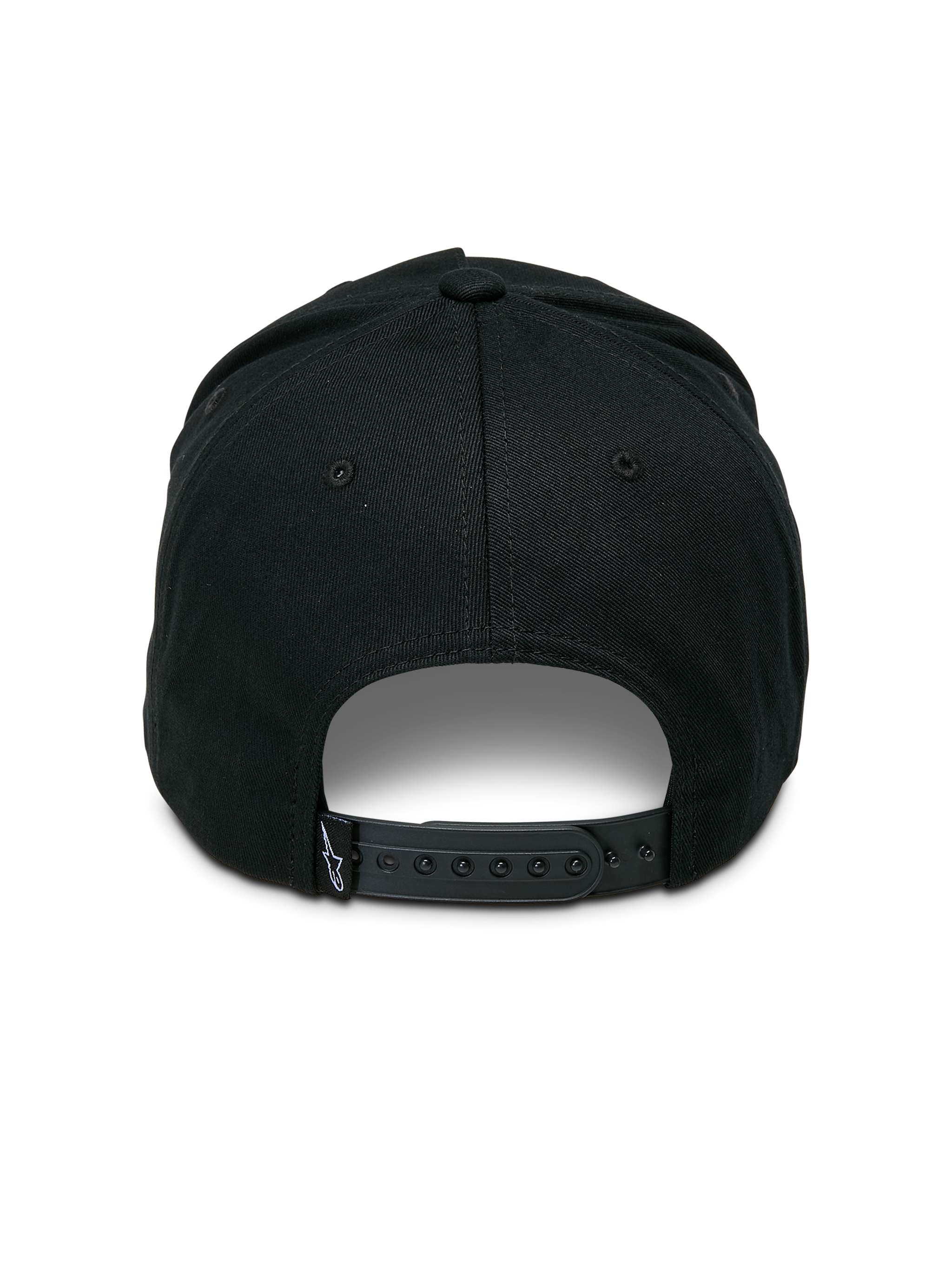 Alpinestars Ageless Snapback Hat, Black, rear view featuring adjustable snapback closure, small woven label with star logo, structured crown in cotton twill, casual motorsport-inspired headwear