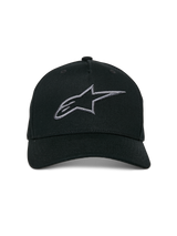 Alpinestars Ageless Snapback Hat, Black Charcoal, curved bill, structured crown, 3D embroidered linear logo, casual motorsport-inspired headwear