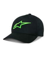 Alpinestars Ageless Snapback Hat, Black Baseball Cap with Neon Green Astar Logo, Curved Bill, Structured Crown, Casual Motorsport Lifestyle Headwear