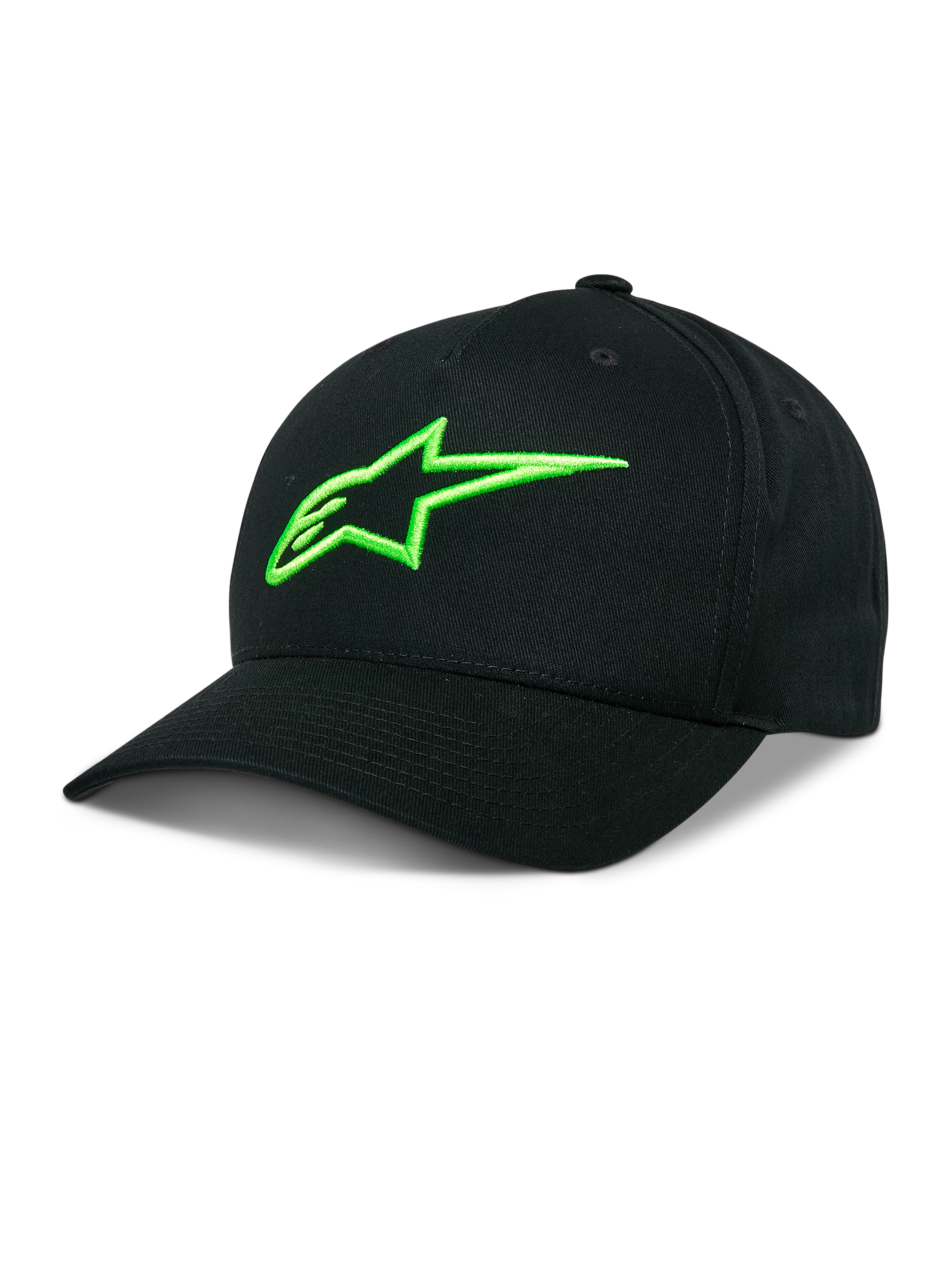 Alpinestars Ageless Snapback Hat, Black Baseball Cap with Neon Green Astar Logo, Curved Bill, Structured Crown, Casual Motorsport Lifestyle Headwear