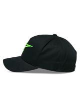 Alpinestars Ageless Snapback Hat, side profile view, black with bright green 3D embroidered logo, curved bill, structured crown, casual sportswear