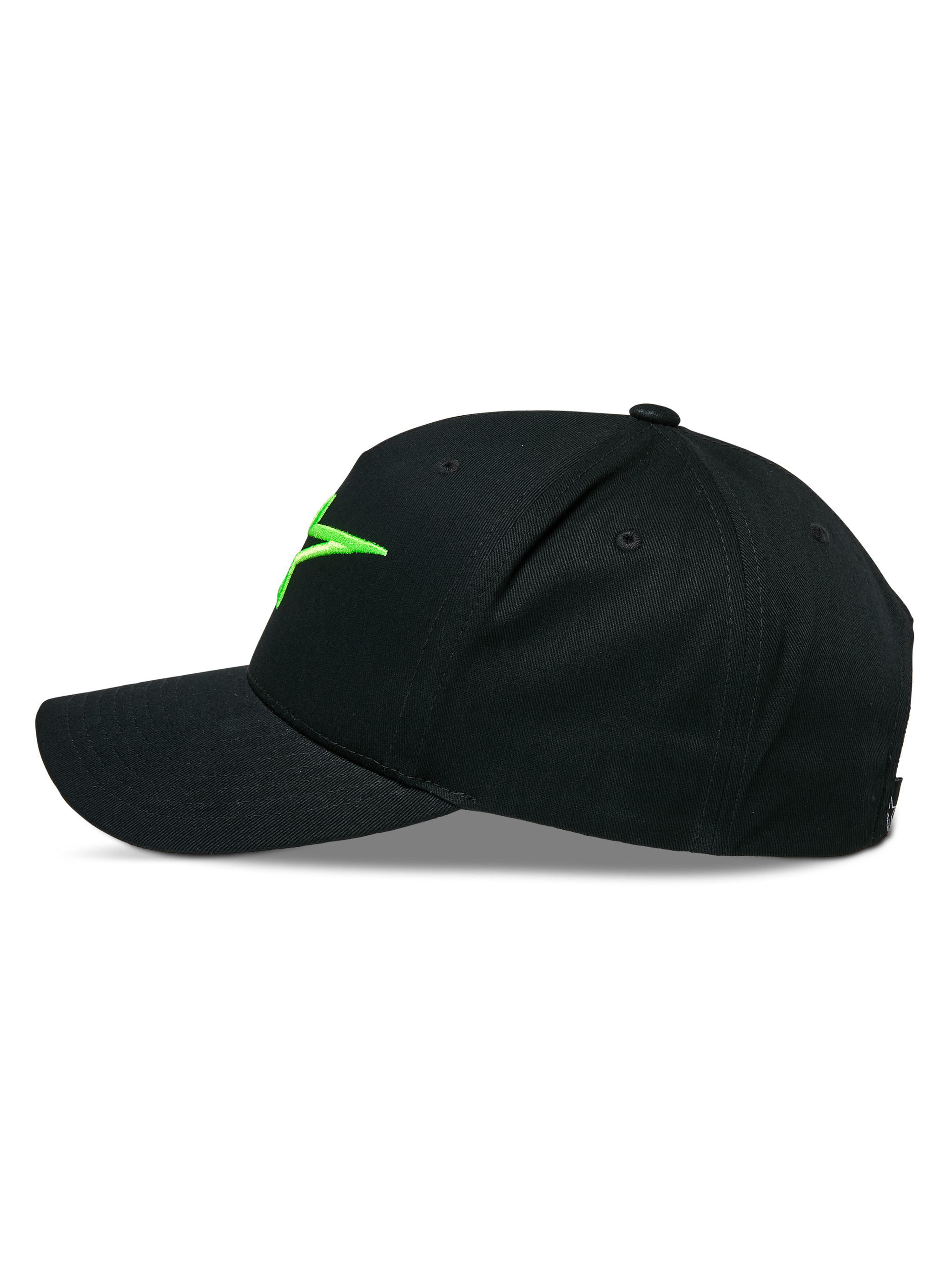 Alpinestars Ageless Snapback Hat, side profile view, black with bright green 3D embroidered logo, curved bill, structured crown, casual sportswear
