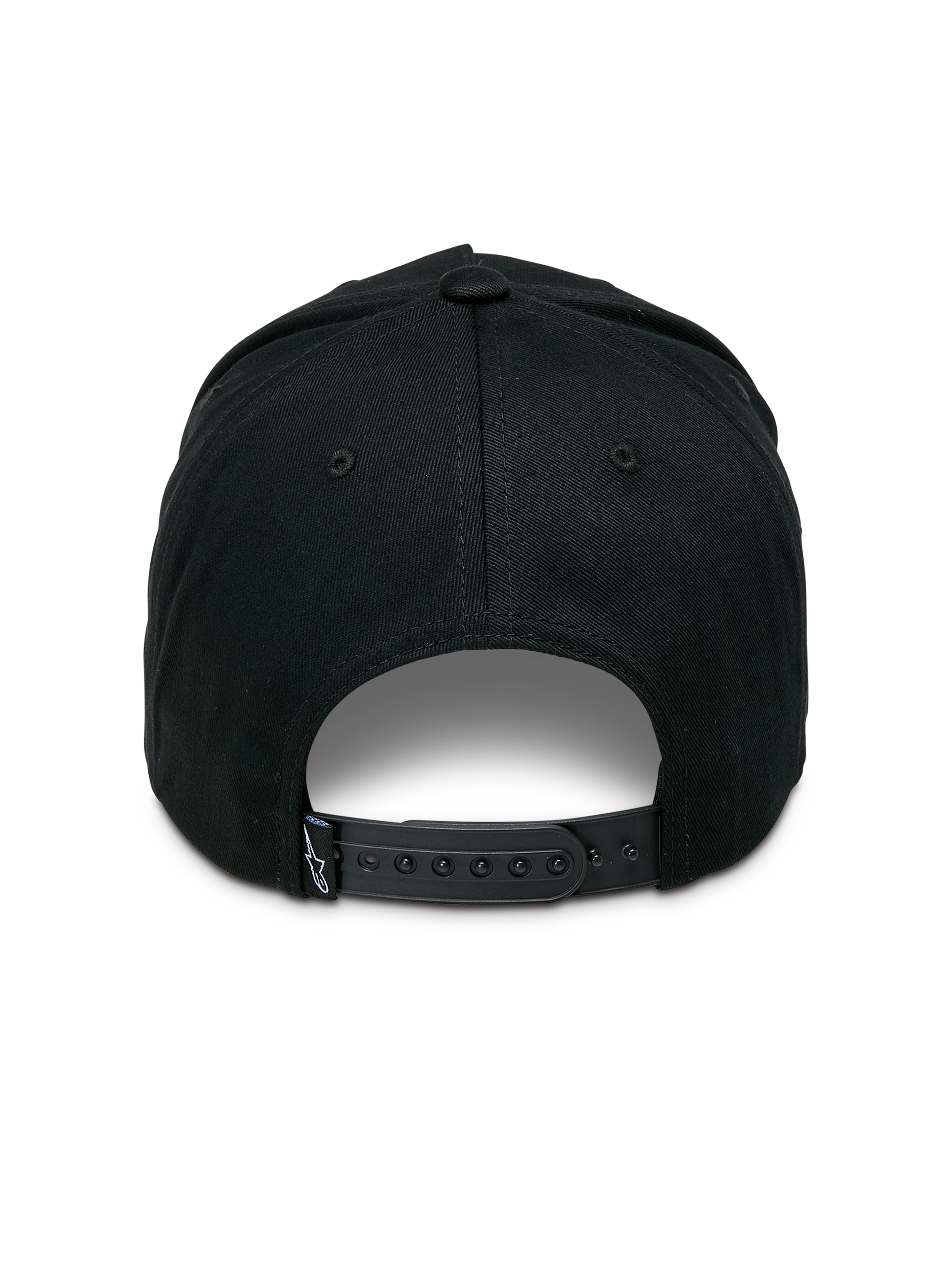 Alpinestars Ageless Snapback Hat, Back View, Black, Adjustable snapback closure, features small white Astars logo on tag, Cotton twill fabric, Casual motorsport-inspired headwear