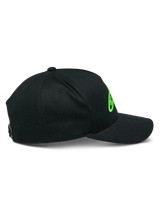 Alpinestars Ageless Snapback Hat, Black with Green 3D logo embroidery, side profile view showing curved bill and structured crown, casual headwear