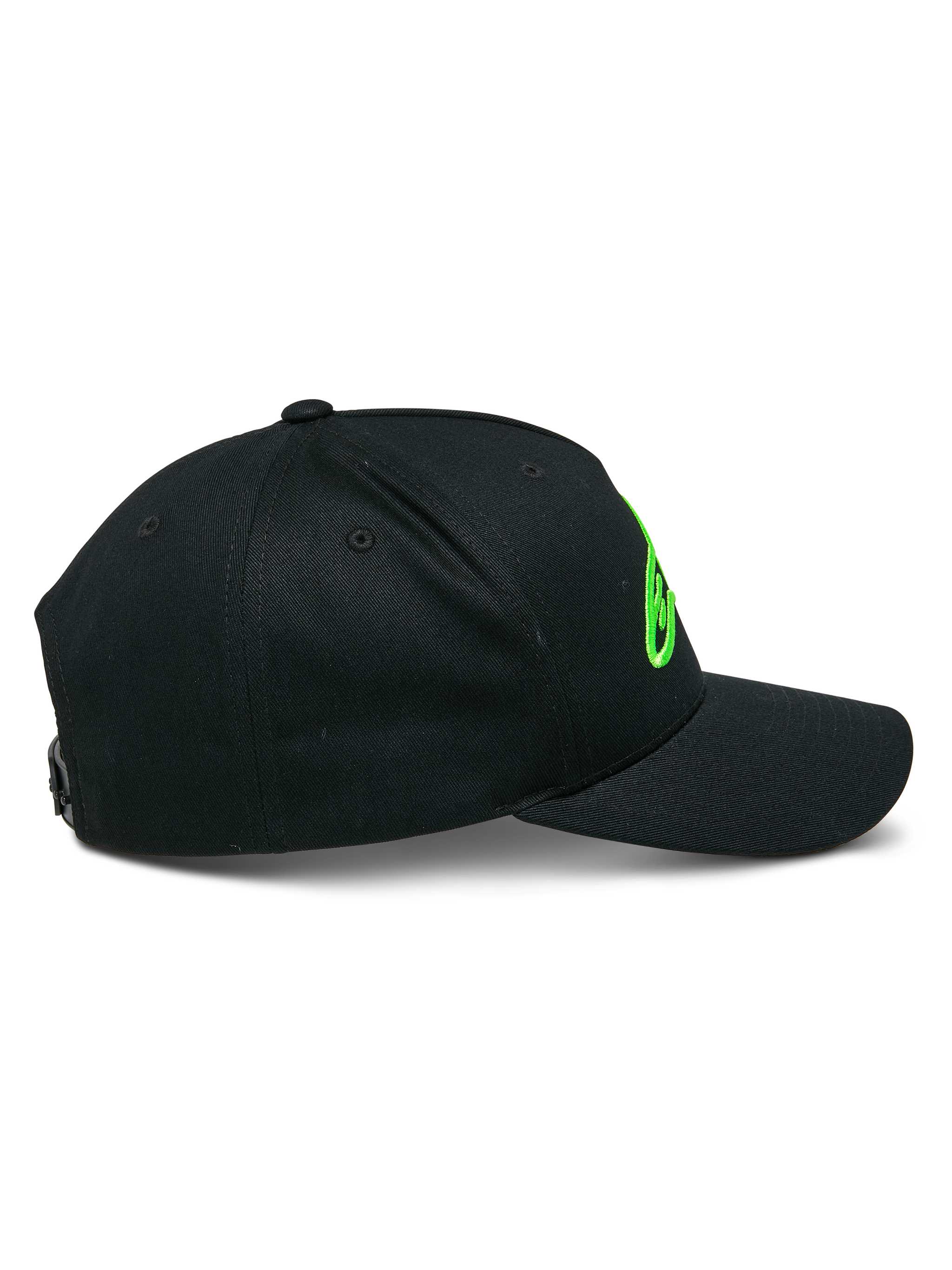 Alpinestars Ageless Snapback Hat, Black with Green 3D logo embroidery, side profile view showing curved bill and structured crown, casual headwear
