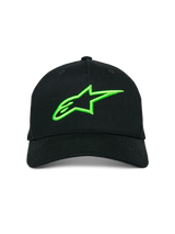 Alpinestars Ageless Snapback Hat, Black with Lime Green 3D Embroidered Star Logo, Curved Bill, Structured Crown, Casual Sportswear Headwear