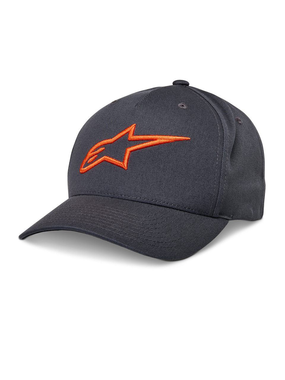 Alpinestars Ageless Snapback Hat, Dark Gray Baseball Cap, Orange Embroidered Star Logo, Structured Crown with Vent Holes, Curved Brim