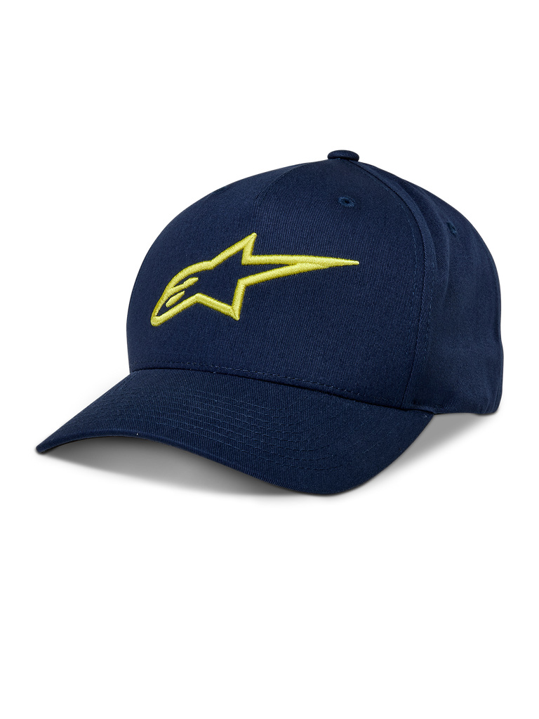 Alpinestars Ageless Snapback Hat, Navy Blue Baseball Cap with Hi-Vis Yellow 3D embroidered logo, curved brim, structured crown, casual sportswear headwear
