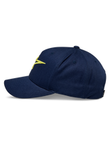 Alpinestars Ageless Snapback Hat, side profile, navy blue with hi-vis yellow embroidered logo, curved bill, structured crown, cotton twill construction, casual sportswear
