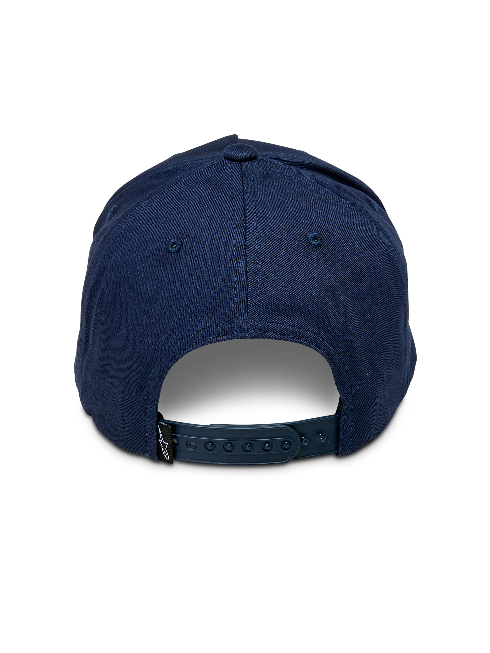Alpinestars Ageless Snapback Hat, back view, Navy Blue, featuring an adjustable snap-back closure and a small black logo tag, casual sportswear
