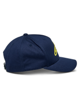 Alpinestars Ageless Snapback Hat, Navy Blue and Hi-Vis Yellow, side view showing curved bill and structured crown, front linear logo in yellow 3D embroidery, casual sportswear accessory with adjustable snapback closure