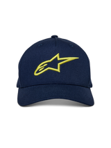 Alpinestars Ageless Snapback Hat, Navy Blue and Hi-Vis Yellow, front-facing view, curved bill with structured crown, large yellow 3D embroidered Astar logo, casual motorsport-inspired streetwear