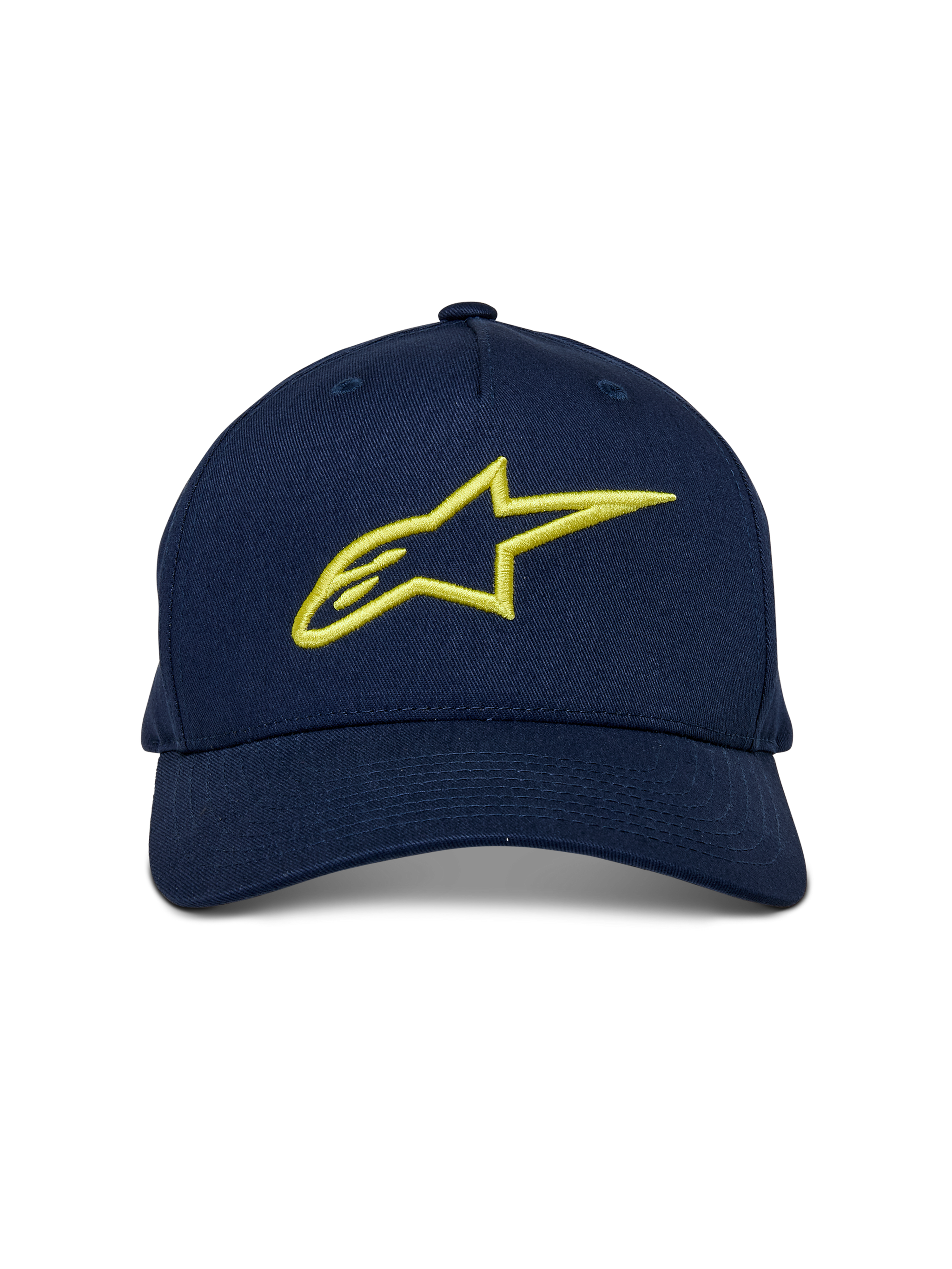 Alpinestars Ageless Snapback Hat, Navy Blue and Hi-Vis Yellow, front-facing view, curved bill with structured crown, large yellow 3D embroidered Astar logo, casual motorsport-inspired streetwear
