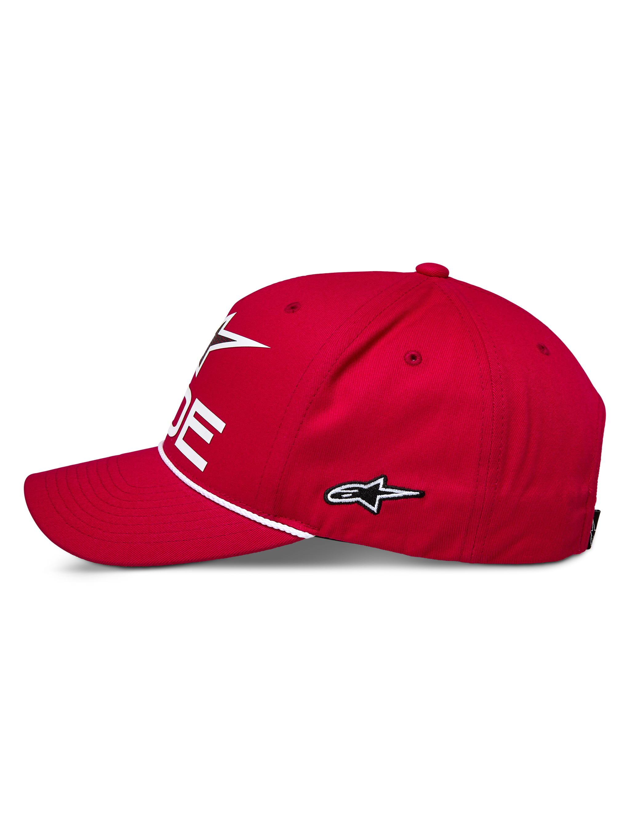 Alpinestars Ride Comp Snapback Hat, Red, Side Profile, White Embroidered Star Logo, Braided Rope Trim, Curved Bill, Casual Motorsport Sportswear