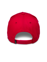 Alpinestars Ride Comp Snapback Hat, Red, back view featuring an adjustable red snapback closure and a small black woven tag with white logo, structured crown, casual headwear