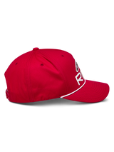 Alpinestars Ride Comp Snapback Hat, Red, side profile view, curved bill with white braided rope trim, structured crown with white Astars Ride logo, casual motorsport headwear