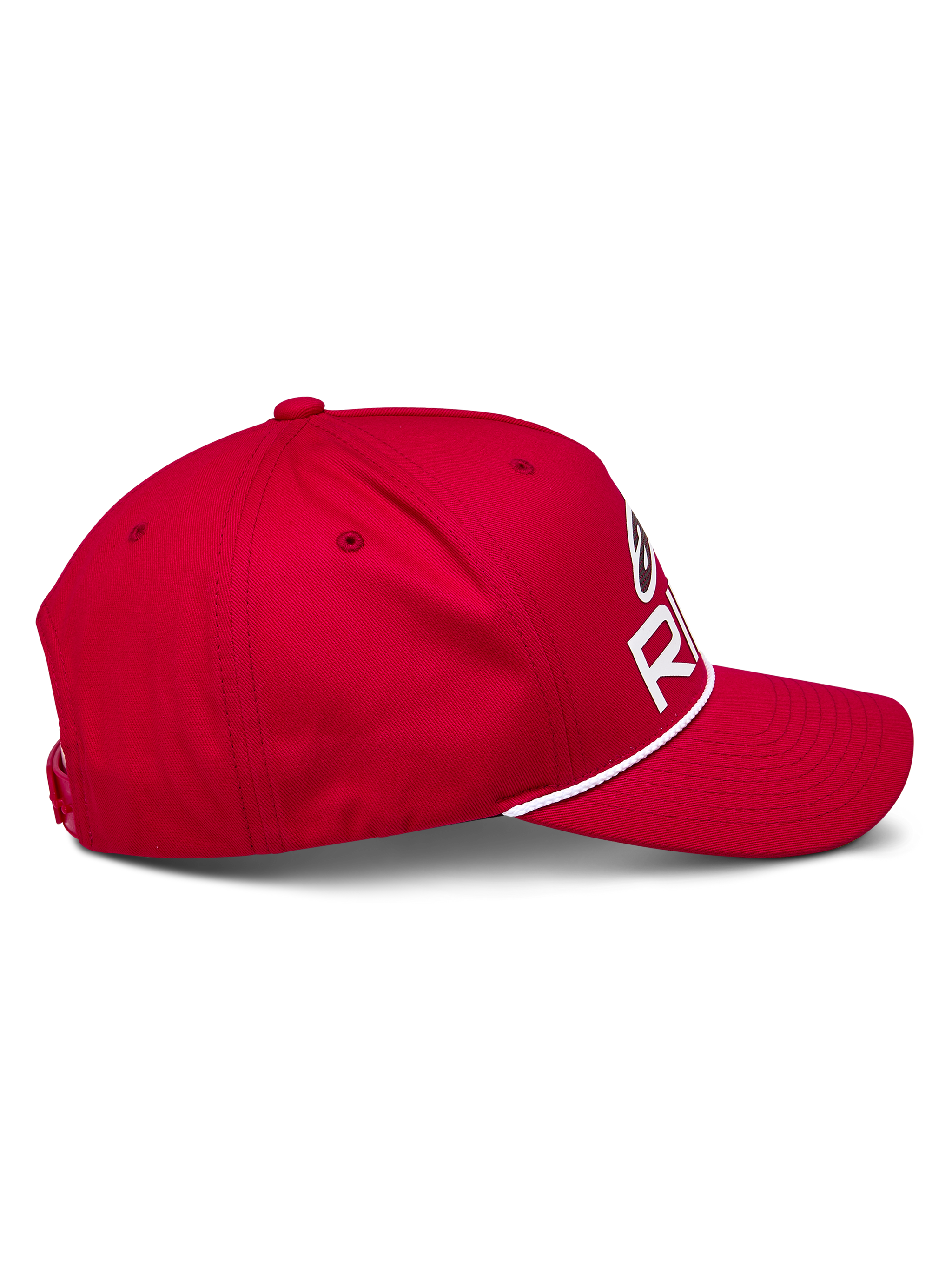 Alpinestars Ride Comp Snapback Hat, Red, side profile view, curved bill with white braided rope trim, structured crown with white Astars Ride logo, casual motorsport headwear