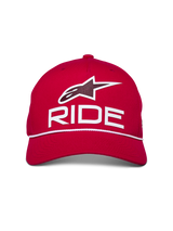 Alpinestars Ride Comp Snapback Hat, Red with White and Black, featuring 3D Astars Ride logo and white braided rope trim, structured crown with curved bill, casual motorsport-inspired headwear