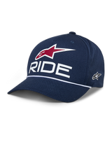 Alpinestars Ride Comp Snapback Hat, Navy Blue Baseball Cap, White RIDE and Red Star Logo, Curved Brim with White Braided Rope, Casual Motorsport Headwear