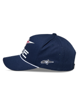 Alpinestars Ride Comp Snapback Hat, Navy White and Red, side view, structured crown with curved bill, white braided rope trim, embroidered side logo, casual motorsport headwear