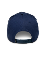 Alpinestars Ride Comp Snapback Hat, Navy Blue, rear view showing adjustable plastic snapback closure, small black logo tag, structured cotton twill crown, casual motorsport-inspired headwear