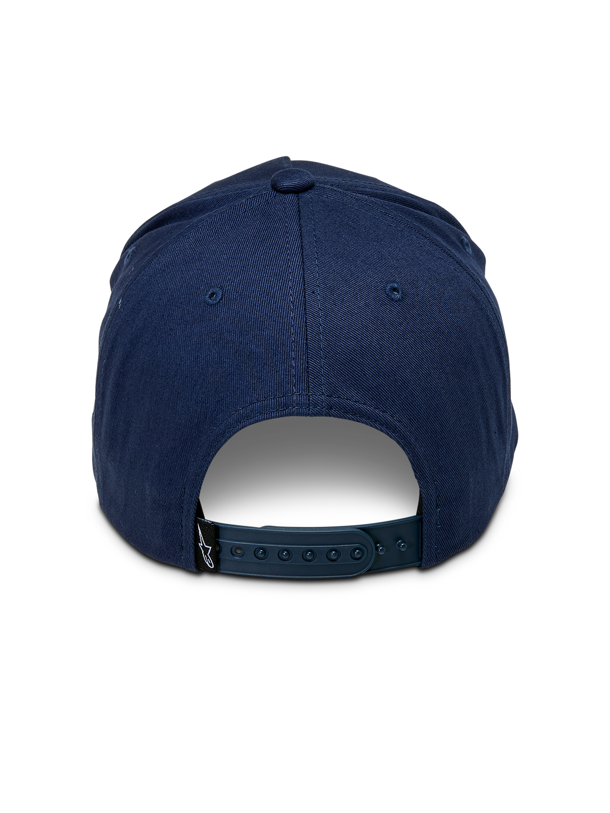 Alpinestars Ride Comp Snapback Hat, Navy Blue, rear view showing adjustable plastic snapback closure, small black logo tag, structured cotton twill crown, casual motorsport-inspired headwear