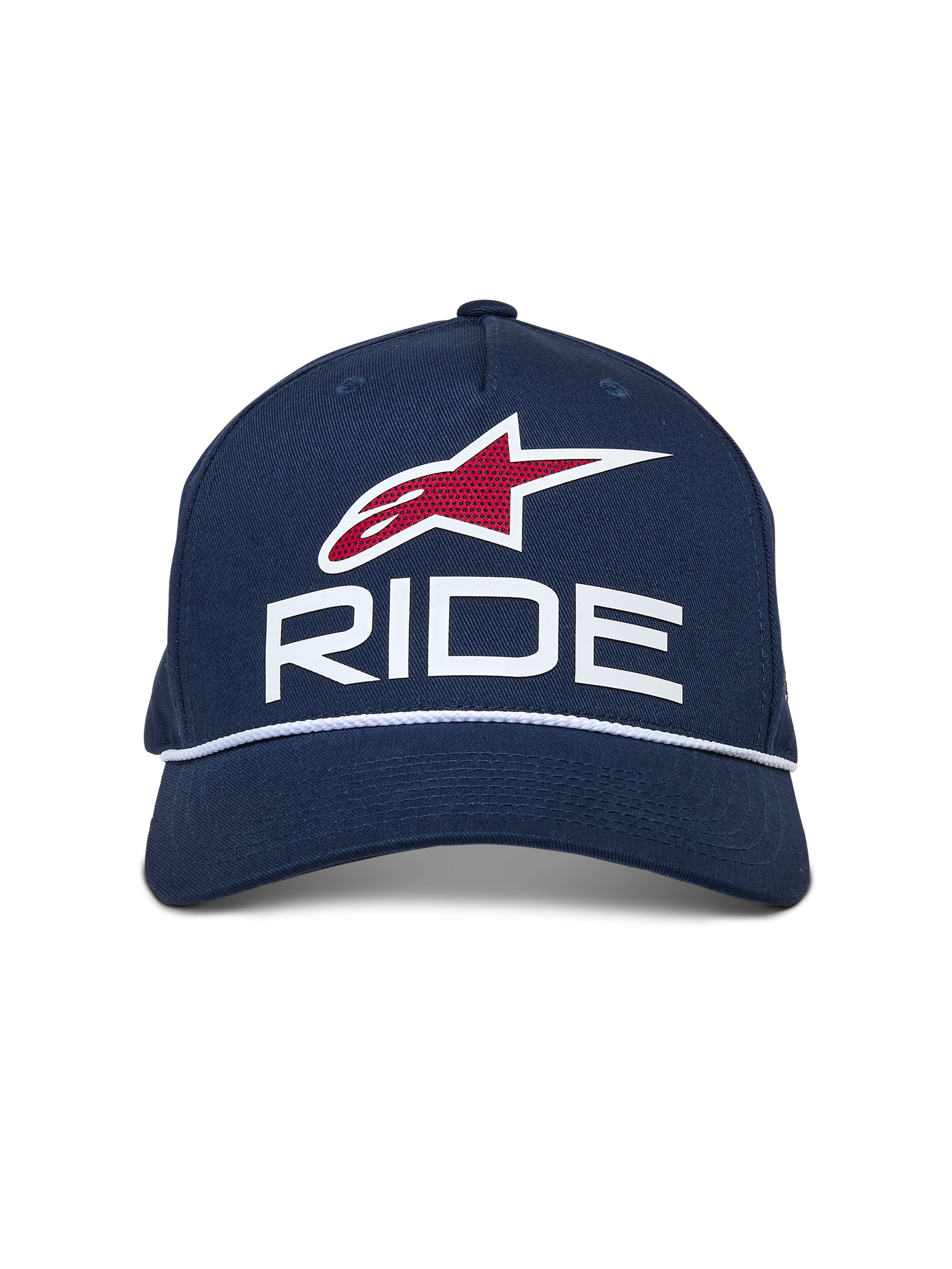 Alpinestars Ride Comp Snapback Hat, Navy Blue with White and Red accents, featuring a 3D RIDE logo, red star emblem, and white braided rope trim, curved bill, casual motorsport headwear