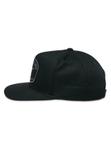 Alpinestars Promptus Snapback Hat, side view, black, flat bill with structured crown, featuring a braided rope detail and front embroidered logo patch, casual motorsport-inspired headwear