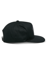Alpinestars Promptus Snapback Hat, side view, black snapback cap, flat bill with structured crown, braided rope detail at the base, durable twill fabric, casual motorsport streetwear