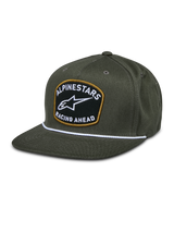 Alpinestars Promptus Snapback Hat, Military Green, Flat Bill with White Braided Rope Detail, Black Embroidered Patch with Gold Outline, White ALPINESTARS RACING AHEAD Logo, Casual Motorsport Lifestyle Headwear