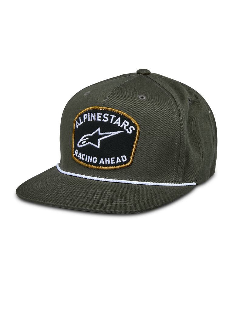 Alpinestars Promptus Snapback Hat, Military Green, Flat Bill with White Braided Rope Detail, Black Embroidered Patch with Gold Outline, White ALPINESTARS RACING AHEAD Logo, Casual Motorsport Lifestyle Headwear