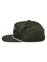 Alpinestars Promptus Snapback Hat, Military Green, side view showing the structured crown and flat bill, featuring a white braided rope detail and a front embroidered logo patch, cotton twill casual headwear